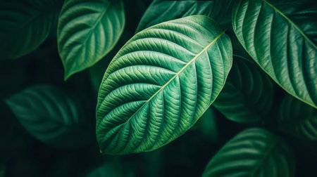 A close-up view of lush green leaves showcasing intricate textures and vibrant colors. Perfect for nature-themed projects, this image evokes tranquility and beauty.の素材