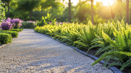 A tranquil pathway lined with lush ferns and blooming flowers invites a peaceful stroll. The soft sunlight enhances the natural beauty of this vibrant garden scene.の素材