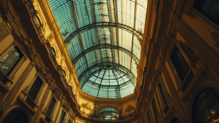 Stunning view of a grand glass ceiling showcasing intricate architectural design. The sunlight filters through, illuminating the elegant historic interior.の素材