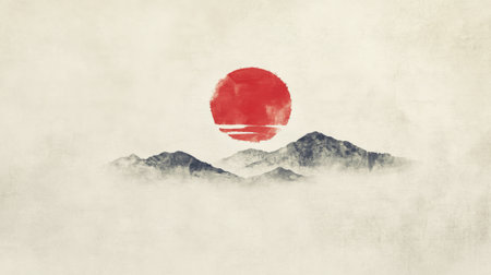 A minimalist landscape featuring a red sun rising over misty mountains. This serene artwork evokes tranquility and beauty in a natural setting.の素材