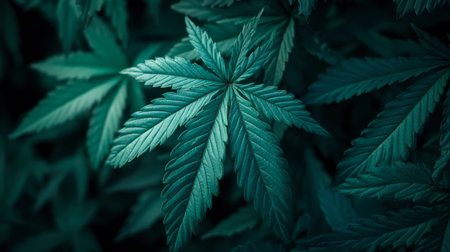 A close-up view of lush green cannabis leaves showcasing their intricate texture and vibrant color, perfect for representations of nature and wellness.の素材