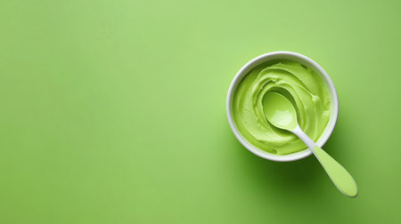 A vibrant green cream in a bowl, complemented by a matching spoon, set against a bright green background. Perfect for food photography, desserts, or culinary presentations.の素材