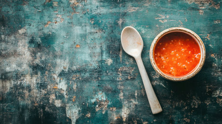 A rustic bowl of soup sits against a textured backdrop, accompanied by a wooden spoon. This warm and inviting scene captures the essence of comfort food. Perfect for culinary and food-related projects.の素材
