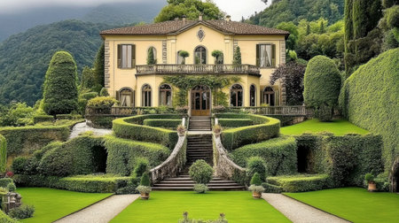 A stunning villa surrounded by manicured gardens and lush greenery, showcasing elegant architecture and inviting outdoor spaces, perfect for serene escapes.の素材