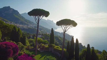 Captivating coastal landscape featuring unique pine trees, vibrant flora, and stunning sunlight over the tranquil sea, perfect for travel and relaxation.の素材