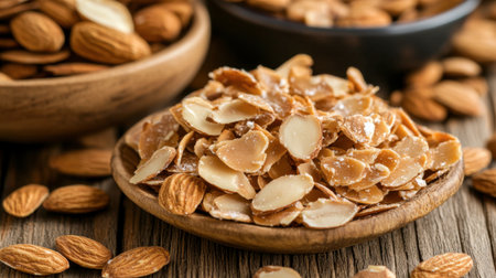 A vibrant display of freshly sliced almonds in a wooden bowl, showcasing their natural texture and appeal. Perfect for culinary uses and healthy snacking.の素材