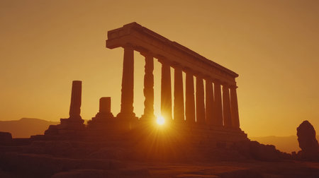 A stunning silhouette of an ancient temple against a vibrant sunset, showcasing the historical architecture and serene landscape, ideal for travel and heritage themes.の素材