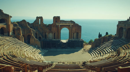Stunning view of an ancient theater by the Mediterranean, showcasing historical architecture and scenic coastal beauty, perfect for travel enthusiasts and history lovers.の素材