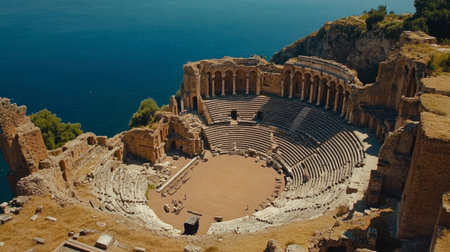 Stunning view of an ancient theater located by the sea, surrounded by nature and history. This remarkable site showcases majestic ruins and breathtaking scenery.の素材