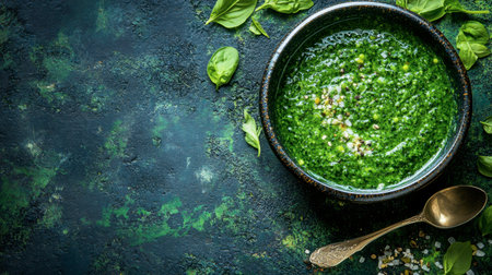 A vibrant bowl of fresh basil pesto, showcasing rich green color and healthy ingredients. Perfect for culinary inspiration or food photography.の素材