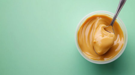 A close-up view of creamy peanut butter in a bowl with a spoon, set against a mint green background, perfect for food-related concepts and recipes.の素材