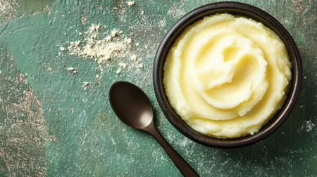 A close-up of creamy butter in a rustic bowl with a spoon, showcasing its smooth texture. Perfect for culinary uses and food presentation.の素材