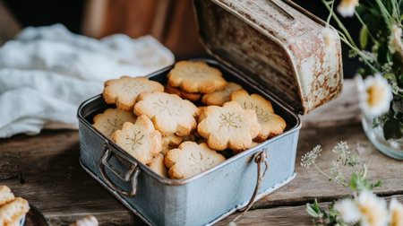 A charming arrangement of floral cookies nestled in a rustic tin container, perfect for adding a cozy touch to any gathering or event.の素材