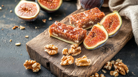 A beautifully arranged scene featuring delicious fig bars alongside fresh figs and walnuts on a rustic wooden board, perfect for a healthy snack or dessert.の素材