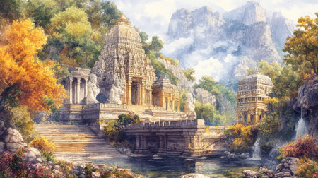 A stunning depiction of a serene temple nestled among majestic mountains and vibrant forests, creating a tranquil and picturesque landscape.の素材