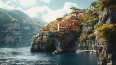 This stunning image showcases a vibrant coastal village perched on a cliff, surrounded by serene waters and lush landscapes, perfect for travel inspiration.の素材