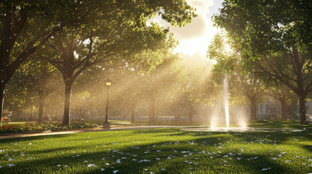 A tranquil park scene featuring sunlight streaming through trees, illuminating a serene fountain surrounded by lush green grass and delicate blossoms.の素材