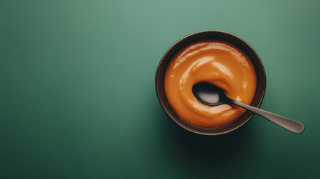 A close-up view of creamy orange soup served in a bowl with a spoon. The vibrant color and smooth texture create an inviting meal perfect for any occasion.の素材