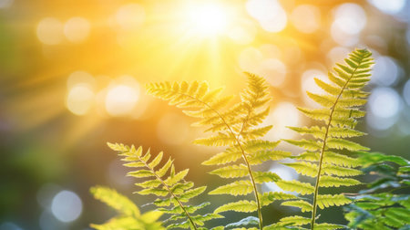 A beautiful close-up of sunlit ferns basking in nature. The bright sunlight filters through the leaves, creating a serene and vibrant atmosphere in a lush forest.の素材