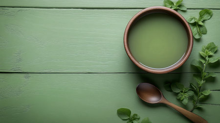 A serene image showcasing a fresh herbal infusion in a wooden bowl, accompanied by green mint leaves and a wooden spoon, perfect for wellness themes.の素材