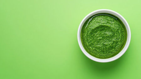 A lively bowl of fresh green herb sauce on a bright background, ideal for culinary projects, food blogs, or recipe collections focusing on healthy ingredients.の素材