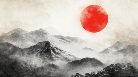 A captivating mountain landscape featuring a prominent red sun, surrounded by mist and silhouettes of distant peaks, evoking tranquility and beauty.の素材