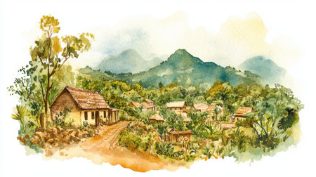 A tranquil watercolor painting depicting a rural village nestled among lush greenery and mountains, showcasing the beauty of nature and peaceful living.の素材