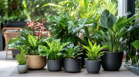 A beautiful arrangement of diverse indoor plants in stylish pots, showcasing vibrant leaves and enhancing any indoor space with natural beauty and freshness.の素材
