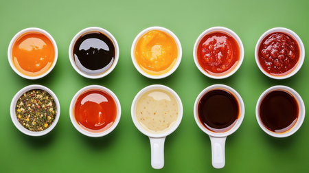 A captivating display of various sauces in small bowls against a bright green background, perfect for culinary presentations and food photography.の素材