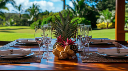 A beautifully arranged dining table in a lush tropical garden, featuring elegant glassware and fresh fruit decor. Perfect for outdoor gatherings.の素材