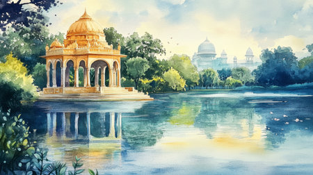 A beautiful watercolor painting depicting a traditional Indian pavilion beside a serene lake, surrounded by lush greenery and gentle reflections.の素材