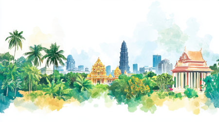 A vibrant watercolor illustration showcasing a cityscape with lush greenery, historic temples, and modern architecture, capturing a blend of culture and nature.の素材