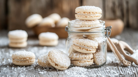 A beautiful display of macarons in a glass jar on a rustic wooden table, dusted with sugar, perfect for dessert lovers and culinary enthusiasts.の素材
