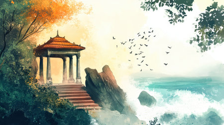 A tranquil coastal scene featuring a picturesque temple surrounded by lush greenery and crashing waves, evoking a sense of peace and solitude in nature.の素材
