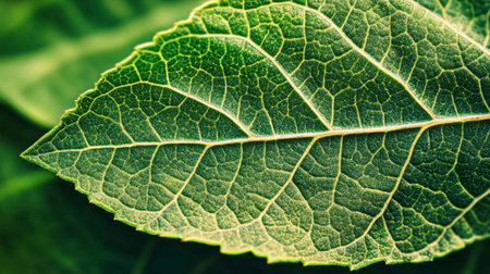 A stunning close-up of a green leaf showcasing intricate texture and delicate veins. Perfect for nature-themed projects or botanical studies.の素材