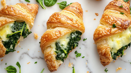 Enjoy these delightful spinach and cheese croissants, perfect for breakfast or a snack. Flaky and golden, they offer a savory bite full of flavor.の素材