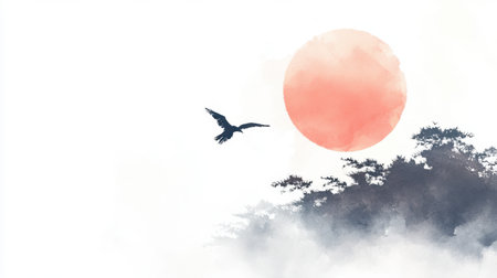 A tranquil scene depicting a silhouetted bird flying against a serene sunset. The orange sun casts a warm glow over a misty landscape, evoking peace.の素材
