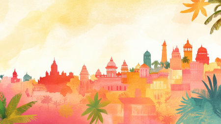 A vibrant watercolor cityscape featuring historical architecture against a colorful sunset. Perfect for travel, culture, or artistic projects seeking a serene backdrop.の素材