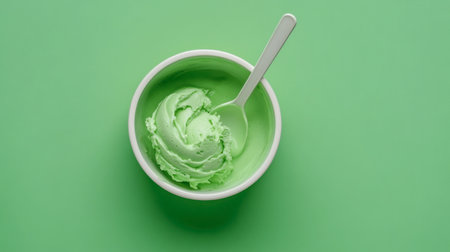 A vibrant bowl of green ice cream with a spoon, set against a matching green background. Perfect for a fresh and delicious dessert photograph.の素材