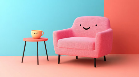 A cheerful pink chair alongside a cute cup on a table in a vibrant interior setting. Ideal for concepts of comfort, playfulness, and modern design.の素材