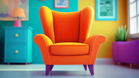 A stunning bright orange chair adds a pop of color to a modern room, surrounded by playful hues and stylish decor, creating a cheerful ambiance.の素材