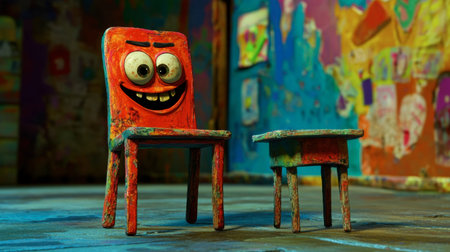 A vibrant, animated chair with a cheerful face brings life to a playful setting, perfect for childrenの素材