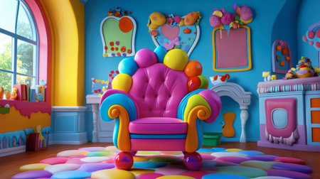 A whimsical, colorful chair stands out in a bright, inviting room filled with playful decor. This vibrant scene exudes creativity and comfort.の素材