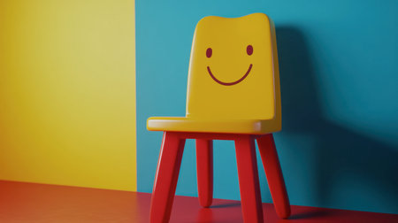 This playful yellow chair with a smile design brings a cheerful vibe to any space. Perfect for kids' rooms, it showcases bright colors and modern aesthetics.の素材