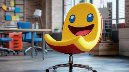 A vibrant yellow chair featuring a cheerful smile face, perfect for playful and modern office spaces or creative environments.の素材