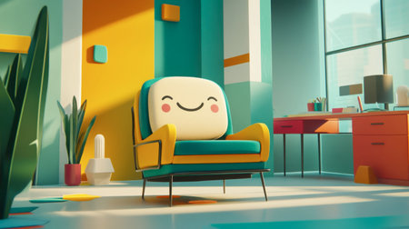 A vibrant living room scene featuring a cheerful chair, colorful decor, and a cozy workspace. Perfect for illustrating modern home design and comfort.の素材