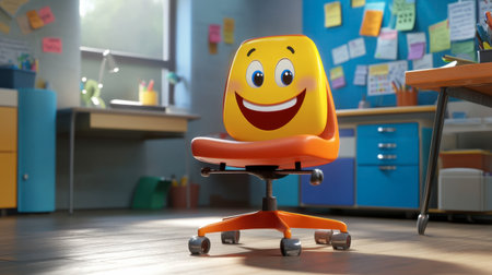 A vibrant cartoonish chair with a smiling face adds a cheerful touch to an inspiring workspace, perfect for creativity and fun in an office or study setting.の素材