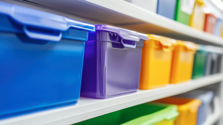 Bright and colorful plastic storage bins arranged neatly on shelves, perfect for organizing supplies in home, office, or workspace.の素材