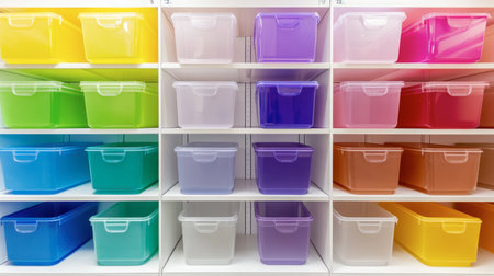 A vibrant display of colorful storage bins arranged neatly on white shelves. Perfect for organizing items in homes, offices, or workspaces, promoting a tidy environment.の素材