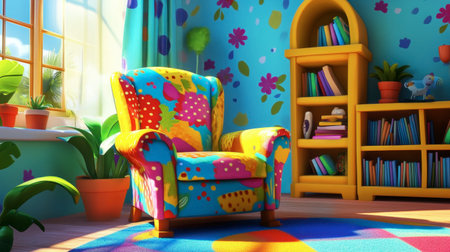 A vibrant living room featuring a colorful floral chair surrounded by bright decor. The sunny window and indoor plants create a cheerful and inviting atmosphere.の素材